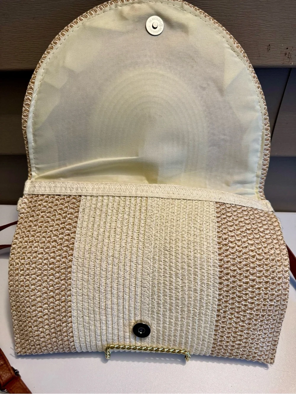 Woven Straw Tote Bag with Brown Strap - Neutral Cream/Beige